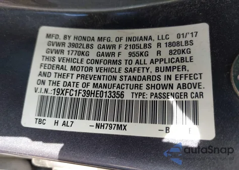 2017 Honda Civic Ex-T из США, поврежденный, VIN 19XFC1F39HE013356